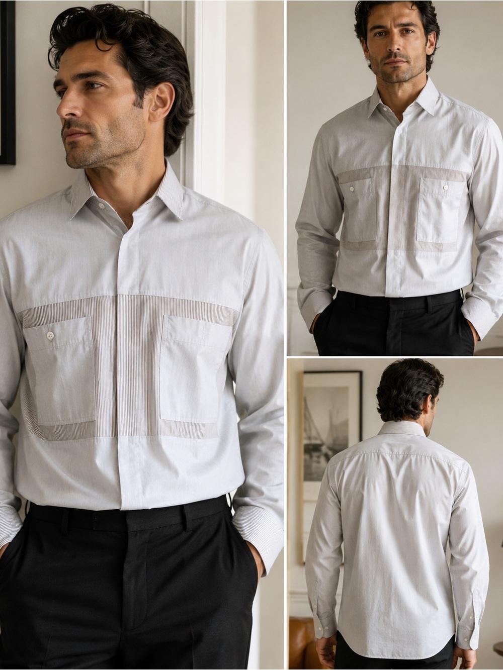 JUN Vintage light grey Contrast Stripe Dress Shirt Hidden Button Front